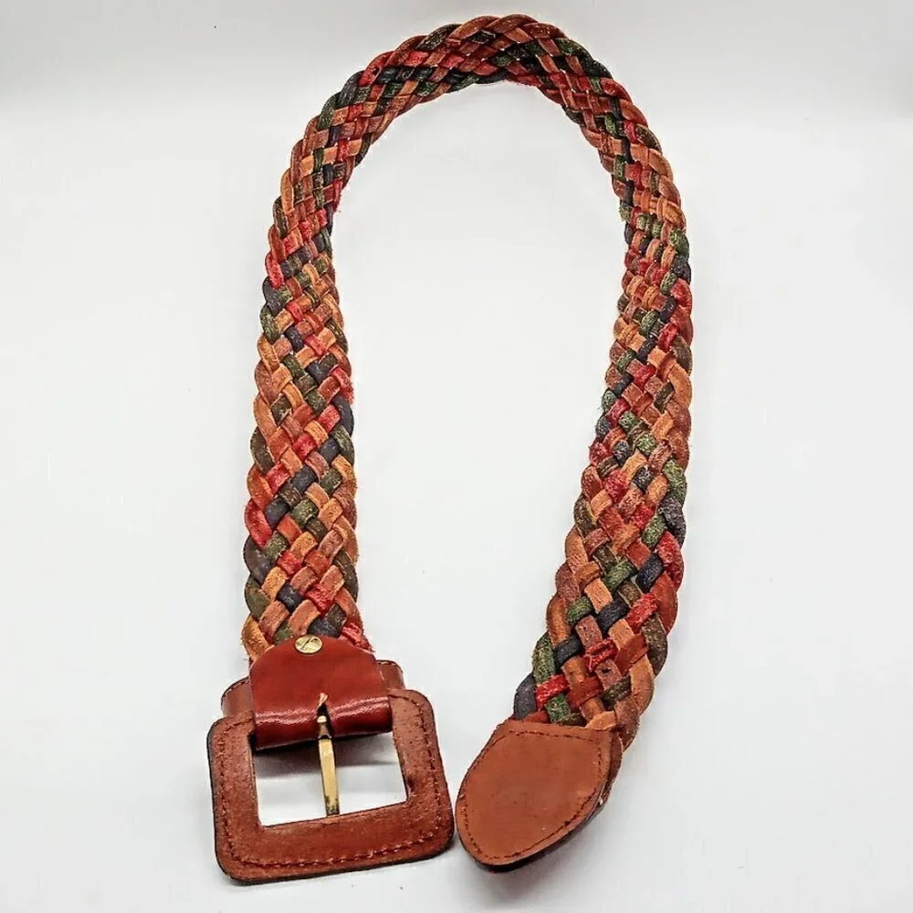 Red Green Brown Braided Leather Belt